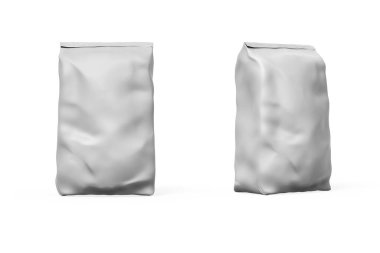 Beyaz arka planda izole edilmiş çanta modeli. Foil Pouch ön ve yan görünüm şablonu oluşturur. Kahve, yemek, evcil hayvanlar, ev hayvanları ve benzeri şeylerin sunumu için süit..