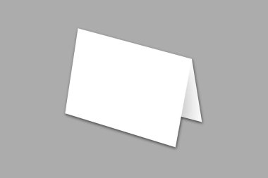 Gri bir arkaplanda boş beyaz katlanmış kağıt maketi. Menü masası tanıtım standı. 3d oluşturma.