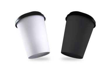 Beyaz arka planda boş beyaz ve siyah kağıt kahve ya da çay fincanı maketi. 3D görüntüleme. sıfır atık ve çevre dostu kavram.