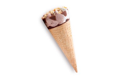 Chocolate ice cream with nuts in a waffle cone mockup  isolated on a white background. 3d rendering.