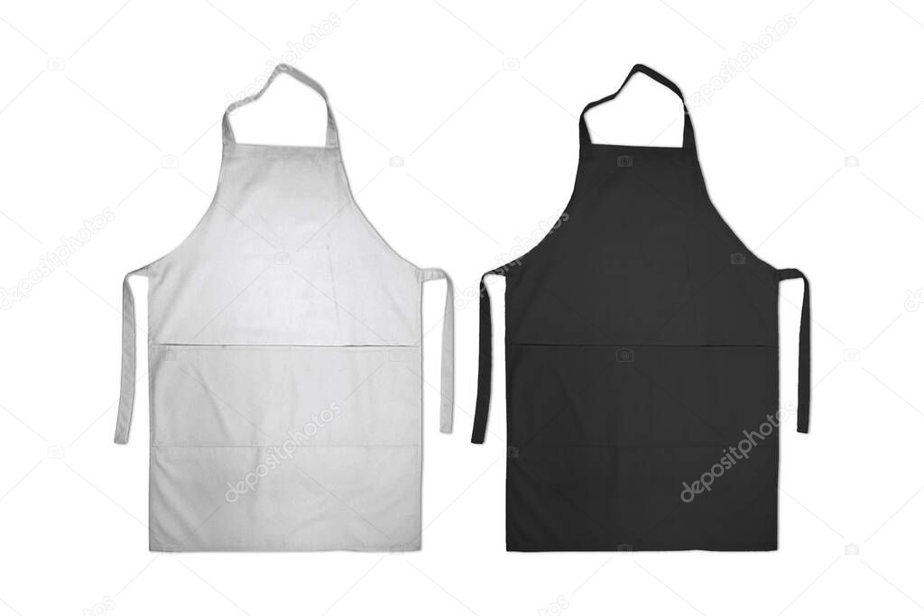 Blank black and white apron with strap and pockets mockup set, top view, 3d rendering. Empty cooking protection bib mock up, isolated. Clear profession chief or maid skirting mockup template.