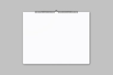 Blank white horizontal calendar mock up front view, 3d rendering. Empty almanac a4 mockup with metal spirals. Clear wall mounted landscape menology on surface template.