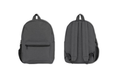 Black backpack design front and back set. College or school rucksack mockup. Realistic youth pack of fabric for study or sport with shadows isolated on white background.3d rendering.