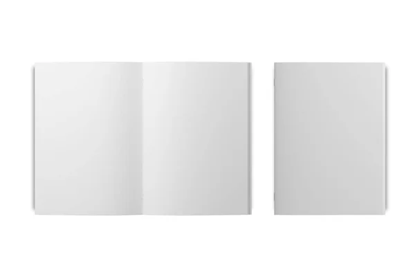 Blanco Open Gesloten Brochure Model Geïsoleerd Witte Achtergrond Destructie — Stockfoto