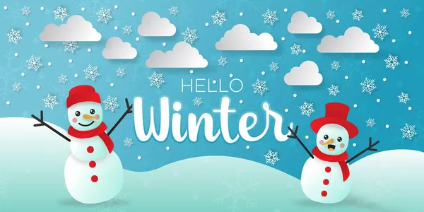 Illustration Vector Graphic Hello Winter Snowman Banner — Stock Vector