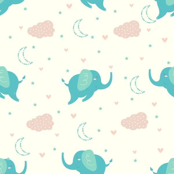 Blue Cute Elephant Seamless Pattern Clouds Stars Moon Soft Pastel — Stockvektor