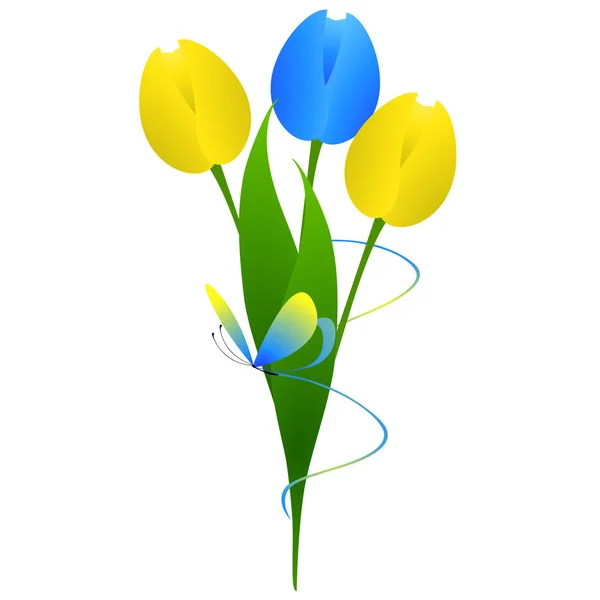 Tulipanes Amarillos Azules Con Una Mariposa Sobre Fondo Blanco — Vector de stock