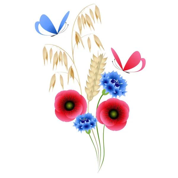 Beyaz Arka Planda Kelebekler Olan Bir Buket Yabani Çiçek Dikenler — Stok Vektör