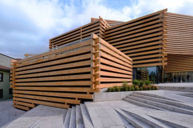 Eskisehir, Turkey, Oct. 2020 - View of OMM Odunpazari Modern Museum designed by japanese architecture office Kengo Kuma & Associates, Exterior view, wooden details.