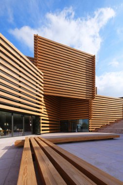 Eskisehir, Türkiye, Ekim 2020 - Japon mimarlık bürosu Kengo Kuma & Associates tarafından tasarlanan OMM Odunpazari Modern Müzesi manzarası, ahşap detaylar.