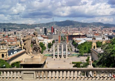 Barcelona, Spain - May 2018: Cityscape of Barcelona with aerial view of Placa d'Espanya or Spain square with Torres Venecianes Venetian towers, Montjuc fountain and Four Columns Les Quatre Columnes