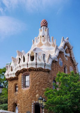 Barcelona, Spain - May 2018: Casa del Guarda of Park Gell. Amazing looking piece of architecture art located in Barcelona. Park full of buildings designed by Antoni Gaudi