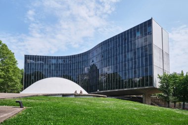 Paris, France - May, 2022: Designed by Oscar Niemeyer, the headquarters of the French Communist Party (Siege du Parti Communiste Francais PCF) is located Place du Colonel Fabien in Paris