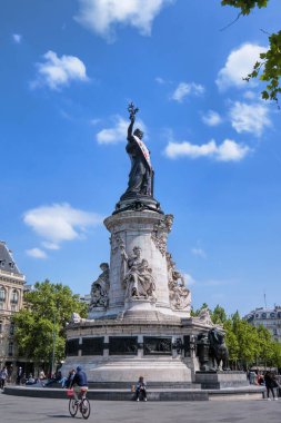 Paris, France - May, 2022: Famous Republique statue in the Place de la Republique built in 1880. It symbolizes the victory of the Republic in France
