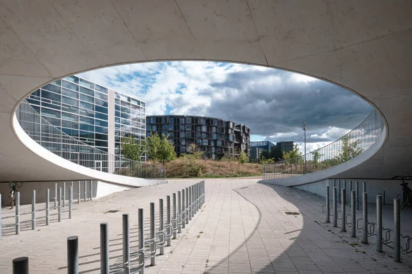 丹麦哥本哈根 2022年9月 由科布设计的 位于丹麦哥本哈根大学的卡伦布利克斯广场 Karen Blixens Plads 公共广场和带穹顶景观的自行车停车场 — 图库照片