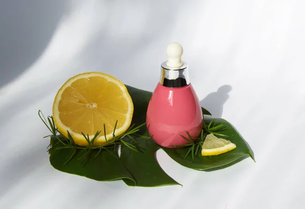 Koncepcja Kosmetyków Organicznych Serum Witaminą Butelce Kosmetycznej Kroplomierzem Składnikami Ziołowymi — Zdjęcie stockowe