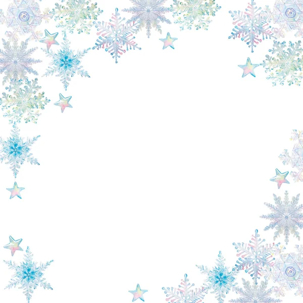 Watercolor snowflakes and stars. Hand draw watercolor illustrations on white background. Winter collection. Ice Figures. — Stock Photo, Image