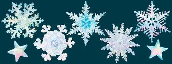Copos de nieve acuarela y estrellas. Dibuja ilustraciones de acuarela a mano sobre fondo blanco. Colección de invierno. Figuras de hielo. Imagen de archivo