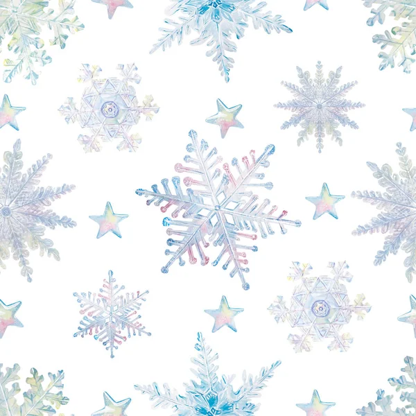 Copos de nieve acuarela y estrellas. Dibuja ilustraciones de acuarela a mano sobre fondo blanco. Colección de invierno. Figuras de hielo. Imágenes de stock libres de derechos