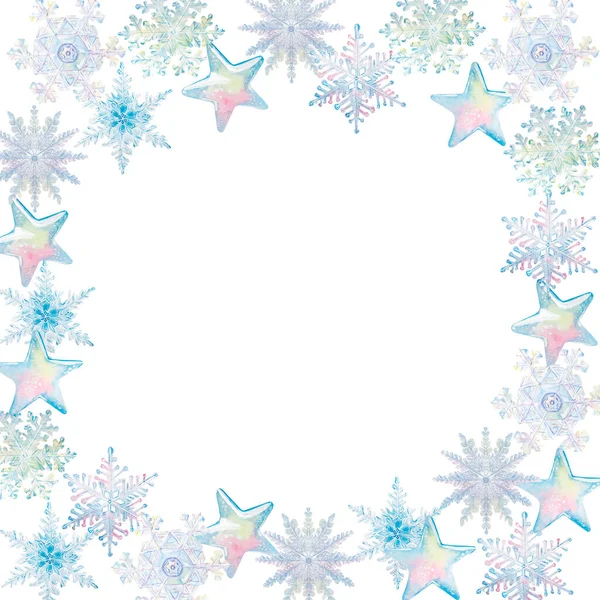 Copos de nieve acuarela y estrellas. Dibuja ilustraciones de acuarela a mano sobre fondo blanco. Colección de invierno. Figuras de hielo. Imagen de stock