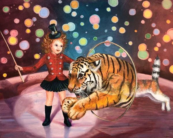 ,Daisy est a mauris tamer Puella, calendarium 2022, bellus illustratione cum tigris et felis in circo, magia et magia. Fotos de stock libres de derechos
