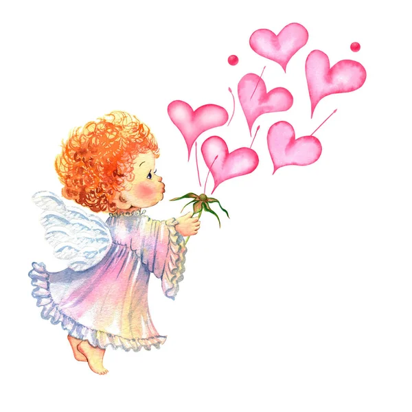 Rosa rosado suave suave suave flores en forma de corazón acuarela imagen cupido ángel corazones dibujado a mano San Valentín boda amor Imagen de archivo