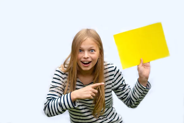 Surprised Teenage Girl Points Blank Form Isolate Gray Background — Stock Photo, Image
