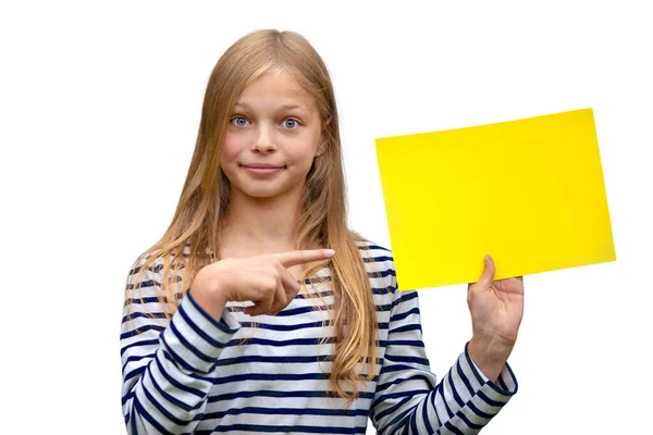 Surprised Girl Points Blank Yellow Form Her Hand — Stock Photo, Image