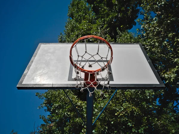 Red basketball hoop with a net on a white wooden backboard, low angle view