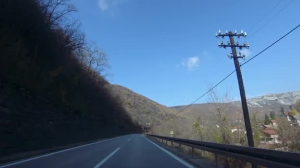 Slow Car Ride Mountain Road Passing Mountain Village Autumn Blue — Video Stock
