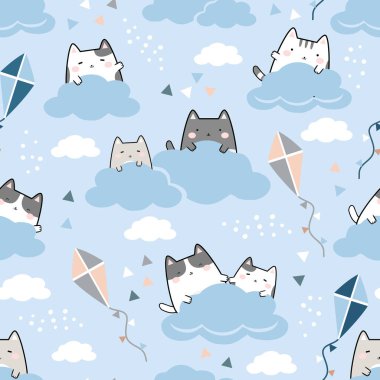 Kusursuz desenli Kawaii Şirin Kediler uçurtma, Çizgi Film Hayvanı Arkaplanı, Vektör İllüzyonu