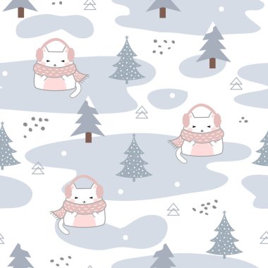 Winter Seamless Pattern Kawaii Cute Cats, Cartoon Animals Background, Vector Illustration clipart