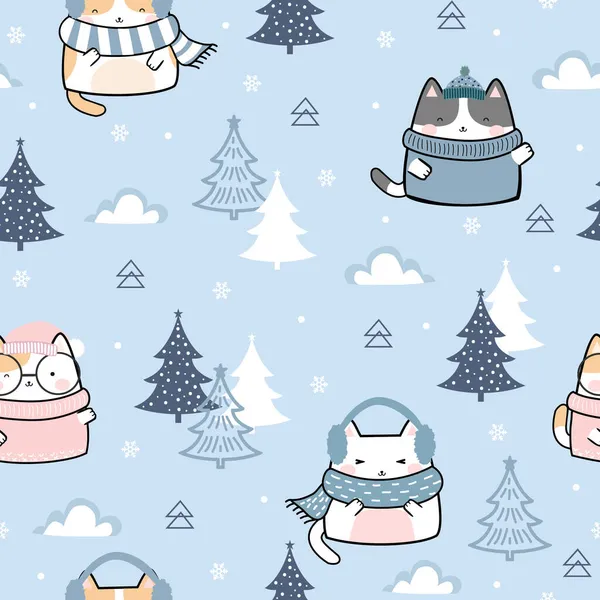 Winter Seamless Pattern Kawaii Cute Cats Cartoon Animals Background Vector — 스톡 벡터