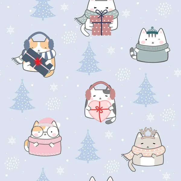 Winter Seamless Pattern Kawaii Cute Cats Cartoon Animals Background Vector — 스톡 벡터