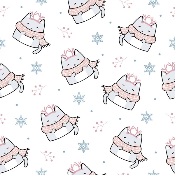 Χειμερινό Μοτίβο Χωρίς Ραφές Kawaii Χαριτωμένο Γάτες Κινούμενα Σχέδια Ζώα — Διανυσματικό Αρχείο
