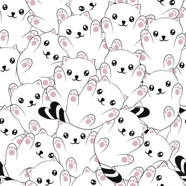 Kusursuz desenli Kawaii Şirin Kediler, Çizgi Film Hayvanı Arkaplanı, Vektör İllüzyonu