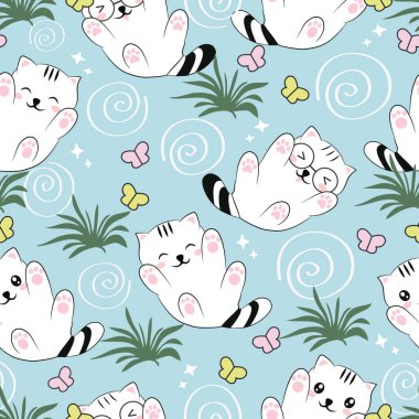 Kusursuz desenli Kawaii Şirin Kediler, Çizgi Film Hayvanı Arkaplanı, Vektör İllüzyonu