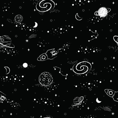 El çizimi pürüzsüz takım yıldızları, gezegen ve yıldız gökyüzü. Zodiac işaretleri. Vektör illüstrasyonu, Galaksi Arkaplanı