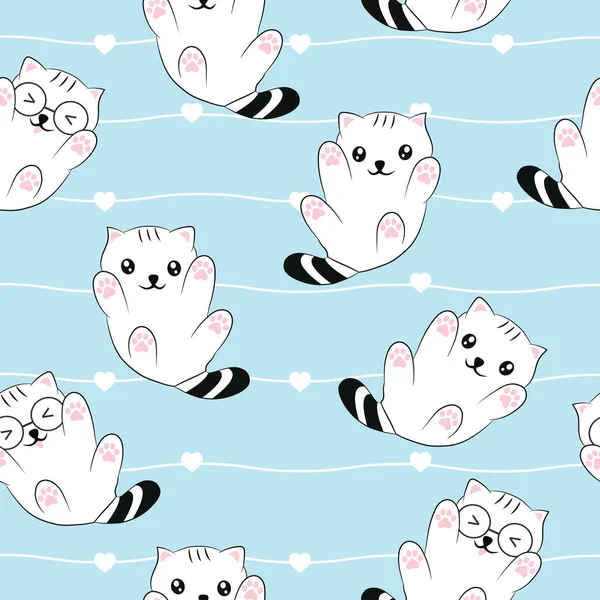 Seamless Pattern Kawaii Cute Cats Cartoon Animals Background Vector Illustration — 스톡 벡터