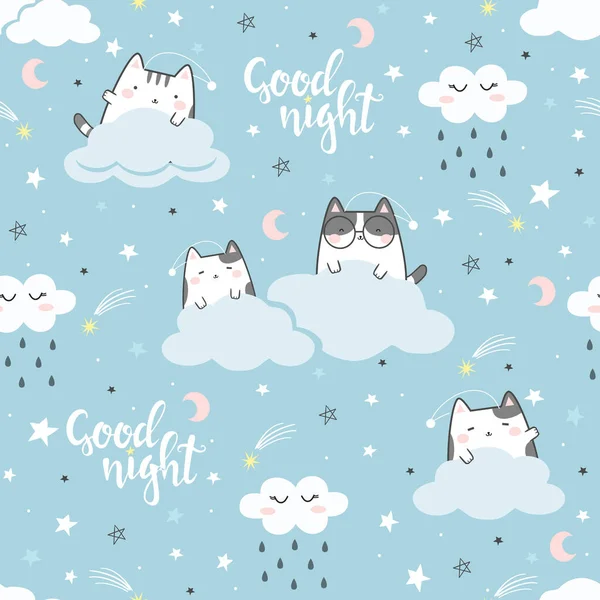 Seamless Pattern Kawaii Cute Cats Sleeping Cartoon Animals Background Vector — Stock Vector