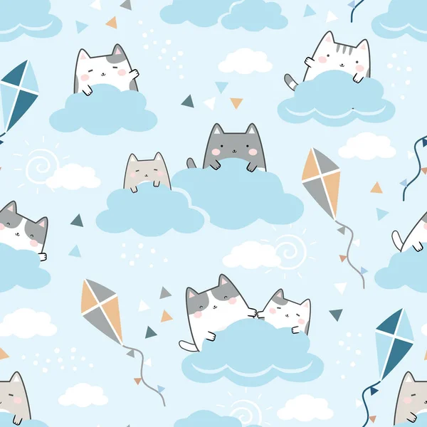 Nahtloses Muster Kawaii Niedliche Katzen Spielen Drachen Cartoon Tiere Hintergrund — Stockvektor