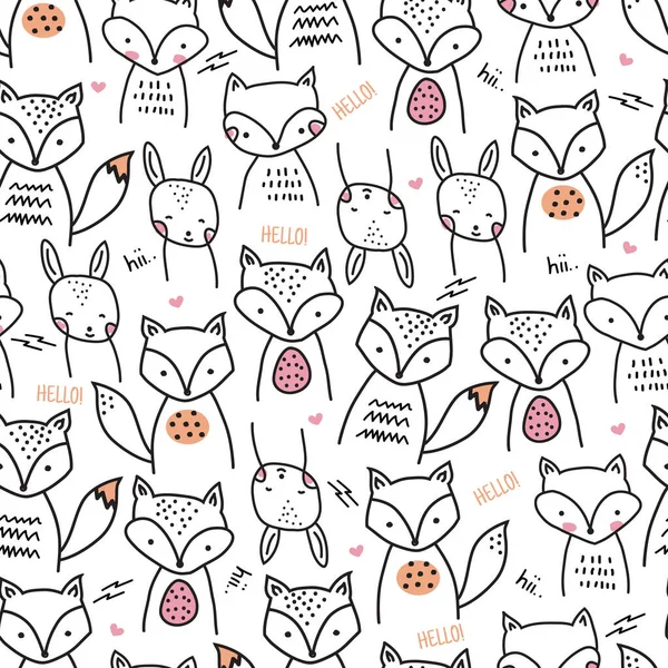 Doodle Cute Foxs Bezszwowy Wzór Ręcznie Rysowane Czarno Białe Tło — Wektor stockowy