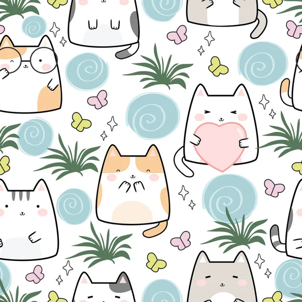 Seamless Pattern Kawaii Cute Cats Cartoon Animals Background Vector Illustration — 스톡 벡터