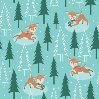 Sevimli geyiklerle kusursuz desen. Çizgi film Hayvanlar Arkaplanı, Vektör İllüstrasyonu 