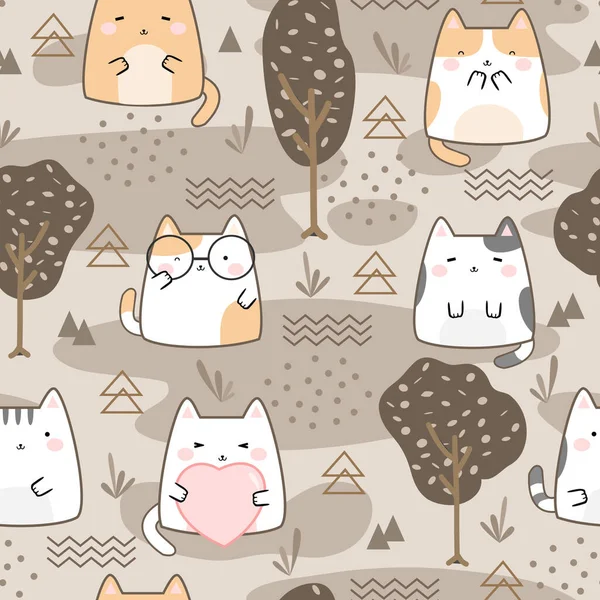 Seamless Pattern Kawaii Cute Cats Cartoon Animals Background Vector Illustration — 스톡 벡터