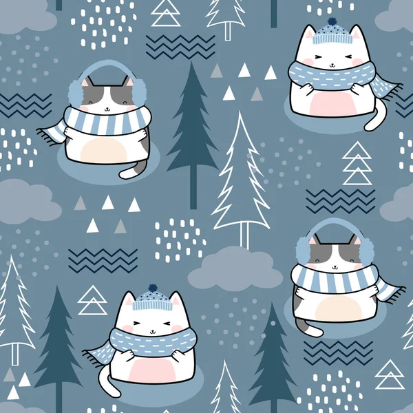 마법없는 크리스마스 Kawaii Cute Cats Pattern Cartoon Animals Background Vector — 스톡 벡터