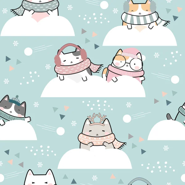 Απρόσκοπτη Μοτίβο Χριστούγεννα Kawaii Χαριτωμένο Γάτες Κινούμενα Σχέδια Ζώα Φόντο — Διανυσματικό Αρχείο
