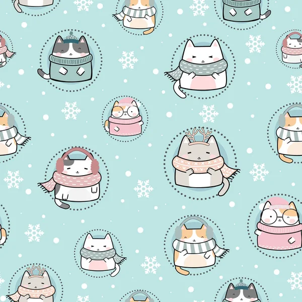 Patrón Sin Costura Navidad Kawaii Lindo Gatos Dibujos Animados Animales — Archivo Imágenes Vectoriales