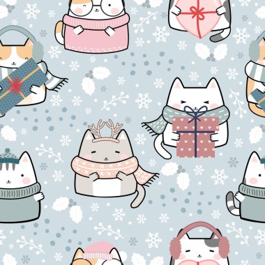 Kusursuz desenli Noel Kawaii Şirin Kediler, Çizgi Film Hayvanı Arkaplanı, Vektör İllüzyonu