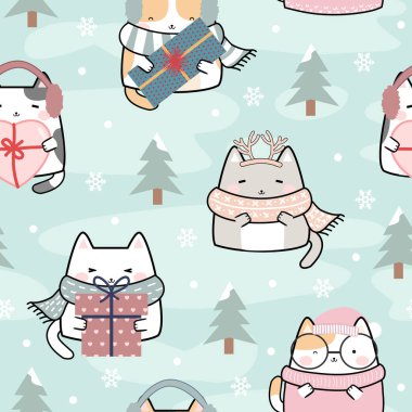 Seamless Pattern Christmas Kawaii Cute Cats, Cartoon Animals Background, Vector Illustration clipart